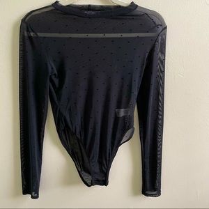 Nasty Gal collection, black sheer body suit with tiny velvet polka dots.